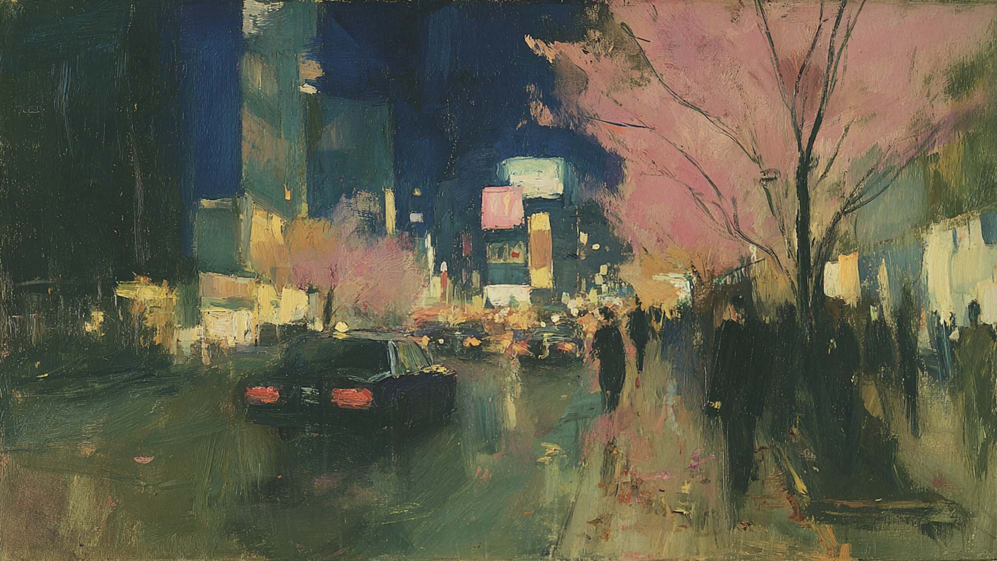Tokyo Gardens impressionist cityscape art displayed on Samsung Frame TV - 4K digital download featuring sage and eucalyptus green tones with blush pink cherry blossoms over urban skyline