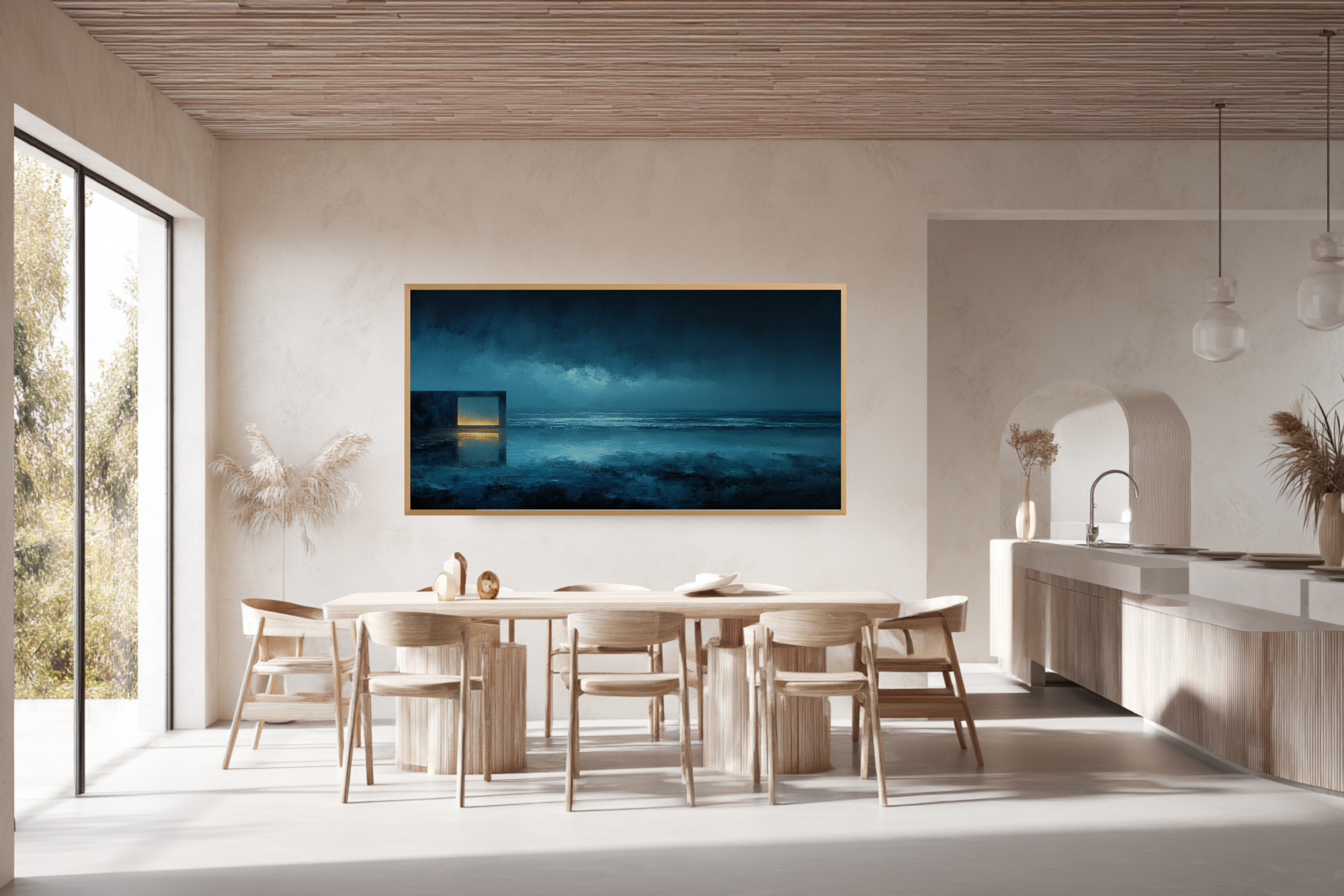 Tranquil Threshold seascape art displayed on Samsung Frame TV - 4K digital download featuring ocean and sky blue-gray atmospheric layers with calm horizon
