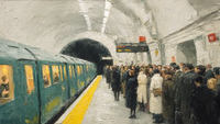 Tube Arrival Leon Kossoff inspired London Underground scene displayed on Samsung Frame TV - 4K digital download featuring expressionist commuters and green train in stone and linen tones
