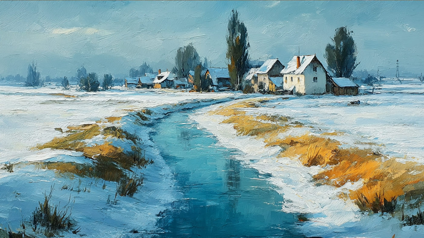 Turquoise Creek Passage landscape detail - winter stream for Samsung Frame TV and HiSense CanvasTV featuring brilliant aqua water winding through golden grasses and snow