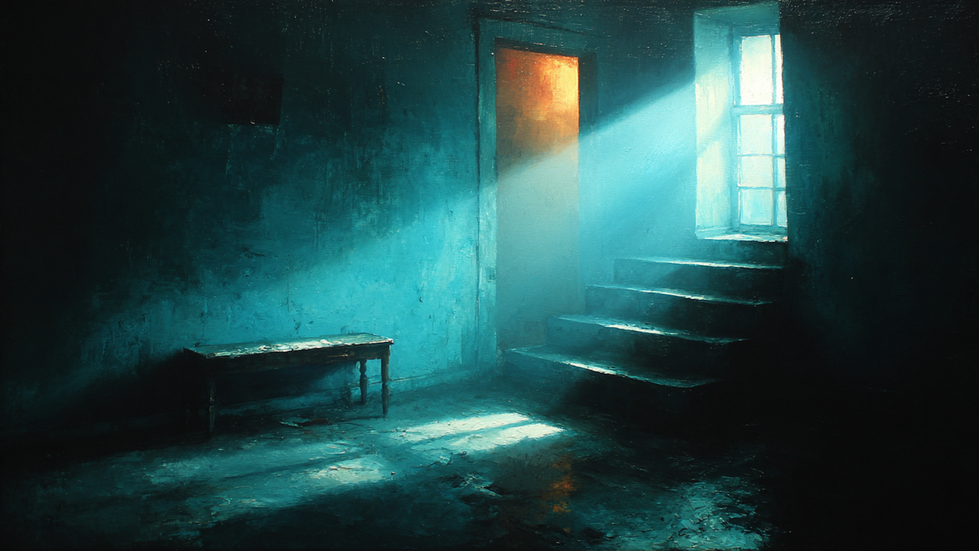 Turquoise Sanctuary interior scene art detail - moody blue room for Samsung Frame TV and HiSense CanvasTV featuring ocean and sky palette with atmospheric lighting