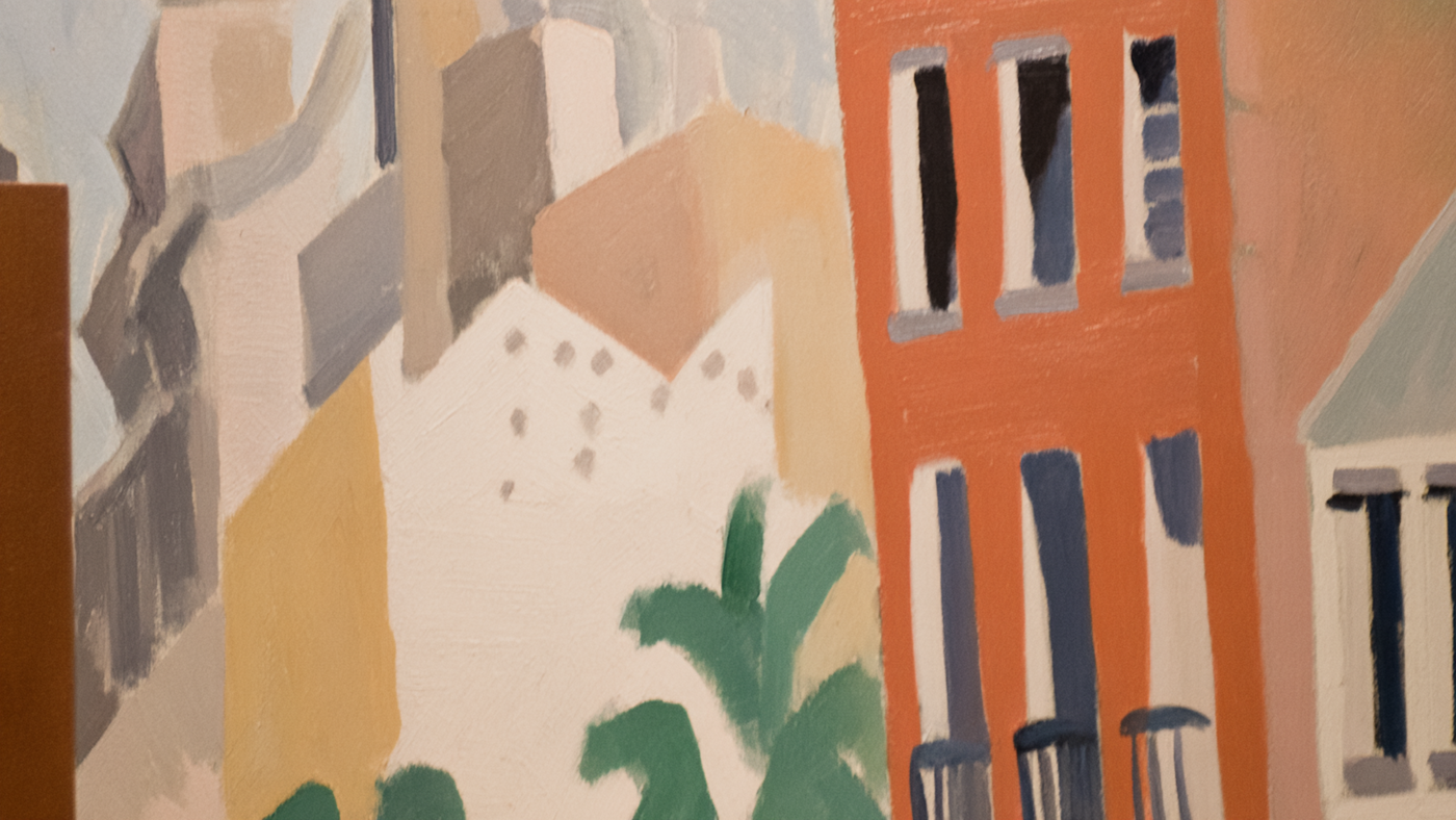 Tuscan Cityscape Matisse-inspired art displayed on Samsung Frame TV - 4K digital download featuring amber and terracotta Mediterranean architecture with warm golden tones