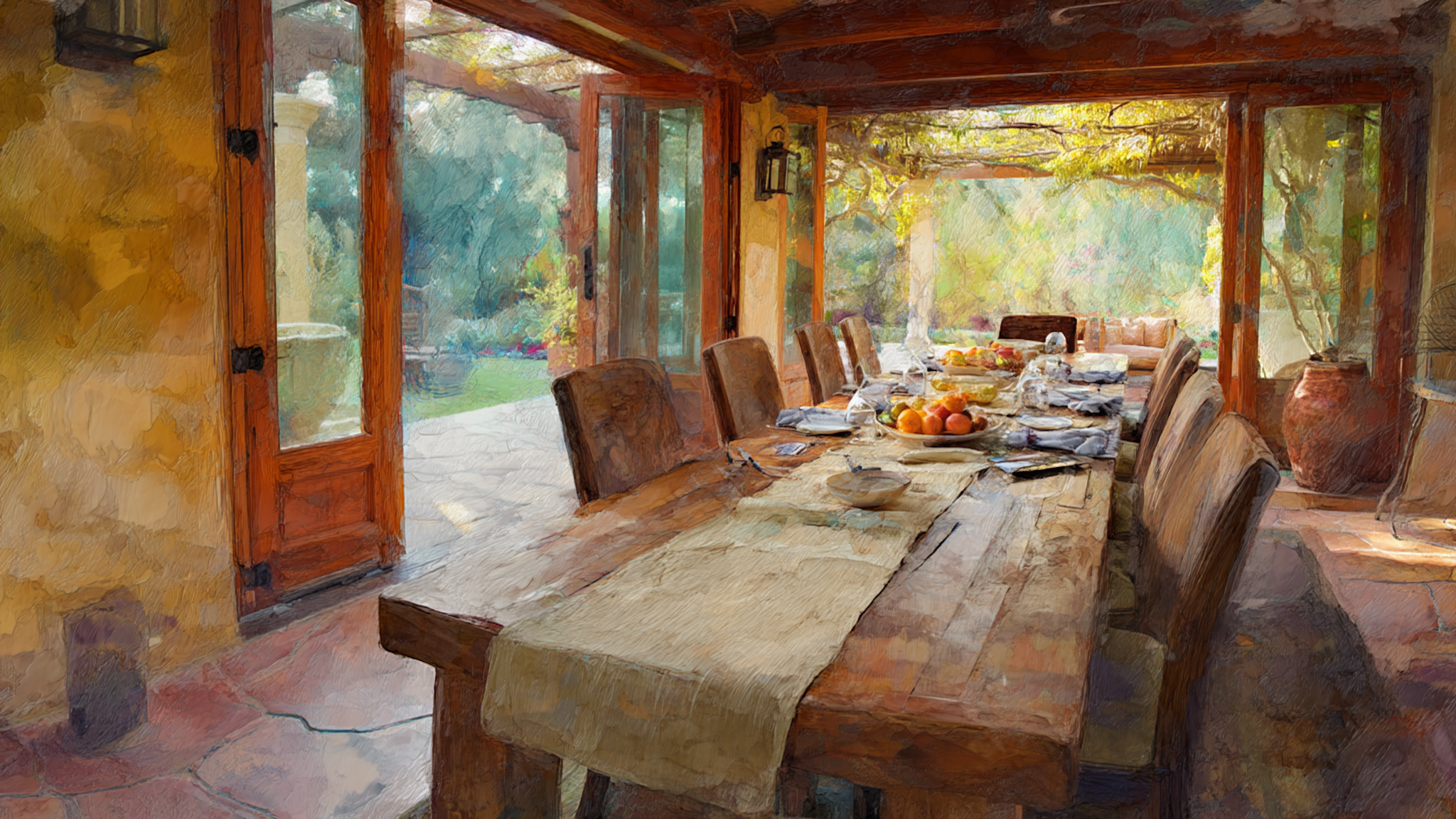 Rustic Tuscan dining room with exposed timber beams, stone architecture and weathered wooden feast table – digital art for Samsung Frame TV
