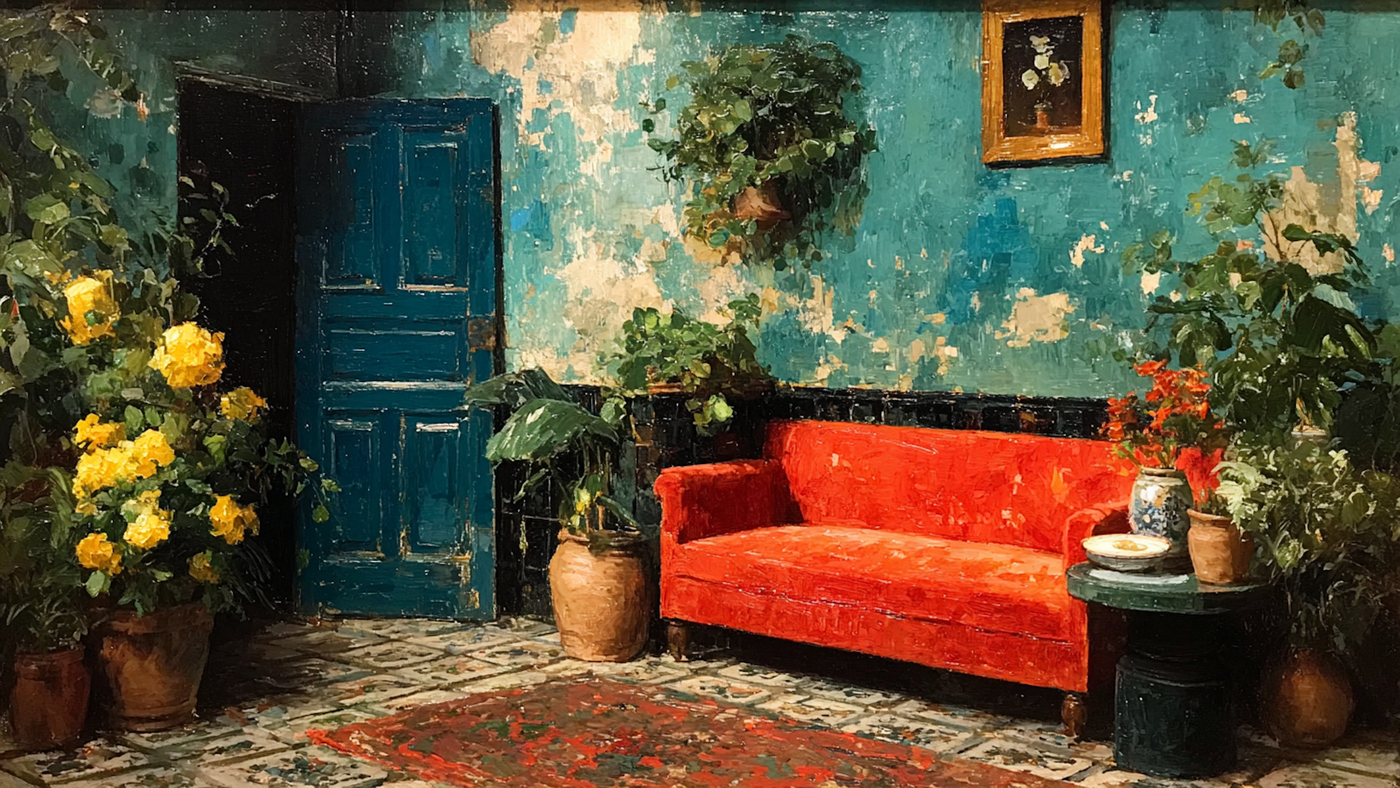 Tuscan Haven Mediterranean courtyard free digital download artwork displayed on Samsung Frame TV showing weathered turquoise walls with red sofa and terracotta pottery