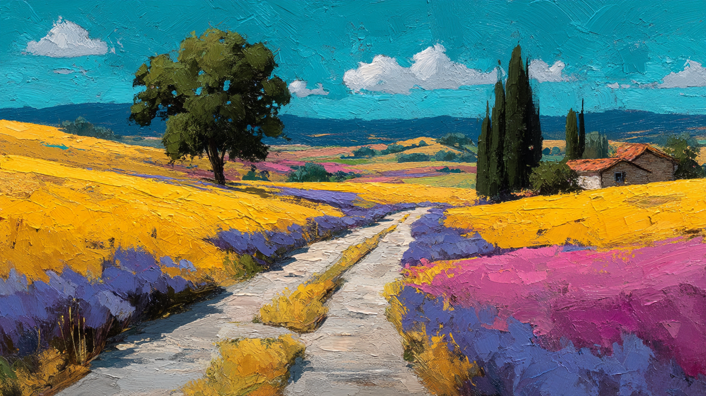 Tuscan landscape with golden cypress trees and terracotta rolling hills for Samsung Frame TV and HiSense CanvasTV display