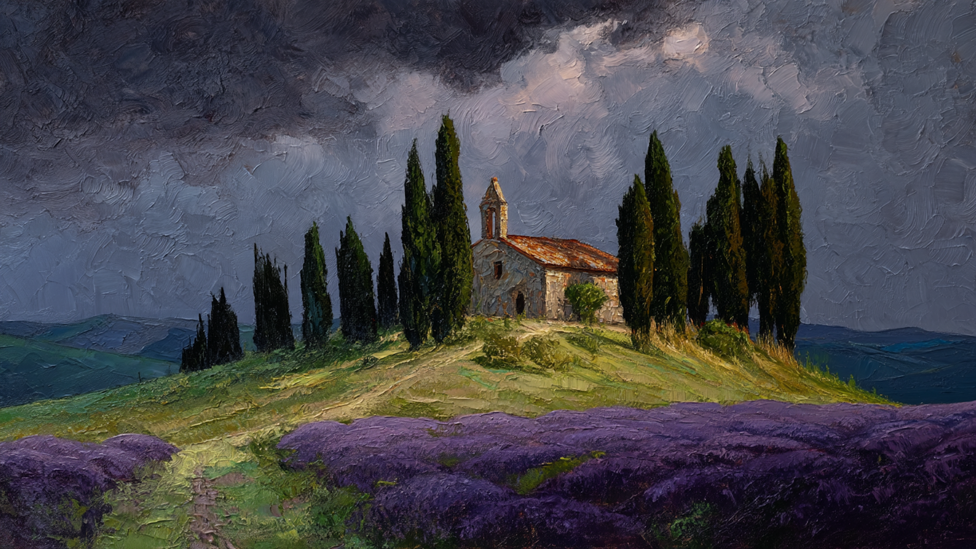 Tuscan chapel surrounded by purple lavender fields under dramatic twilight storm clouds – digital art for Samsung Frame TV