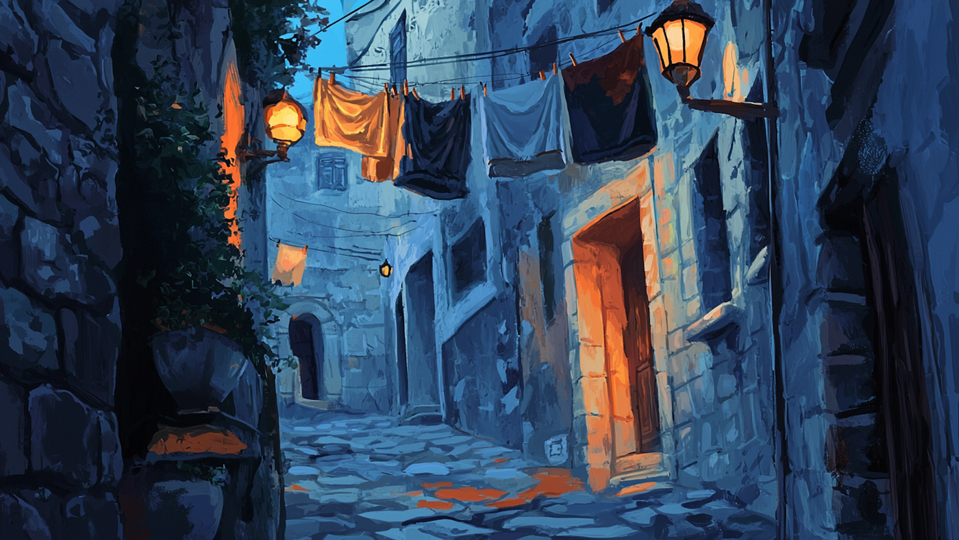 Twilight Alley – A romantic European alleyway scene with glowing lights, stone buildings, and hanging laundry, formatted for Samsung Frame TV
