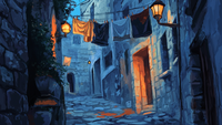 Twilight Alley – A romantic European alleyway scene with glowing lights, stone buildings, and hanging laundry, formatted for Samsung Frame TV