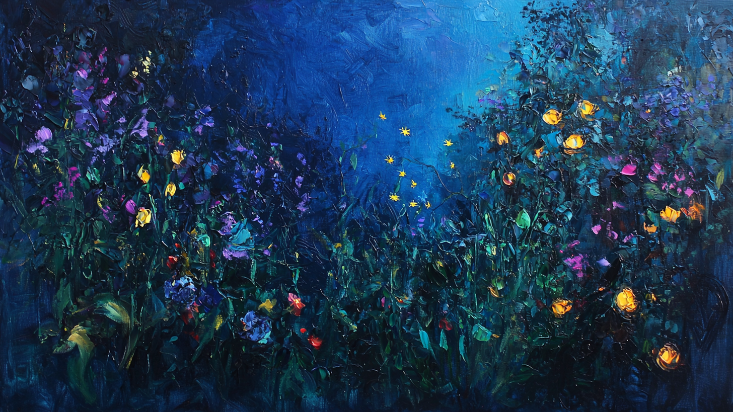 Twilight Bloom – Vibrant night garden with glowing floral lights in a painterly style, formatted for Samsung Frame TV