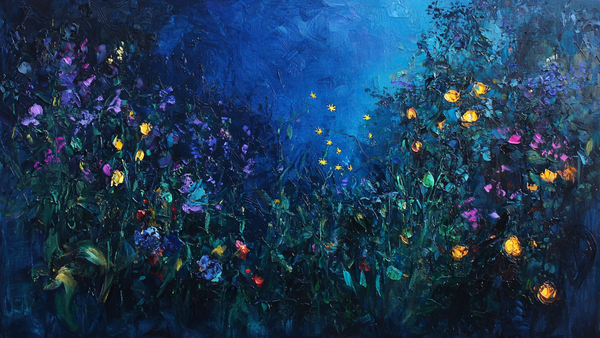 Twilight Bloom – Vibrant night garden with glowing floral lights in a painterly style, formatted for Samsung Frame TV