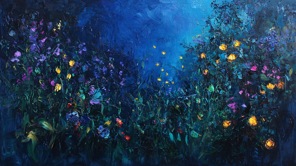 Twilight Bloom – Vibrant night garden with glowing floral lights in a painterly style, formatted for Samsung Frame TV