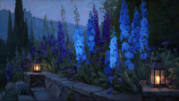 Twilight garden path lined with towering blue delphinium and glowing lanterns – digital art for Samsung Frame TV