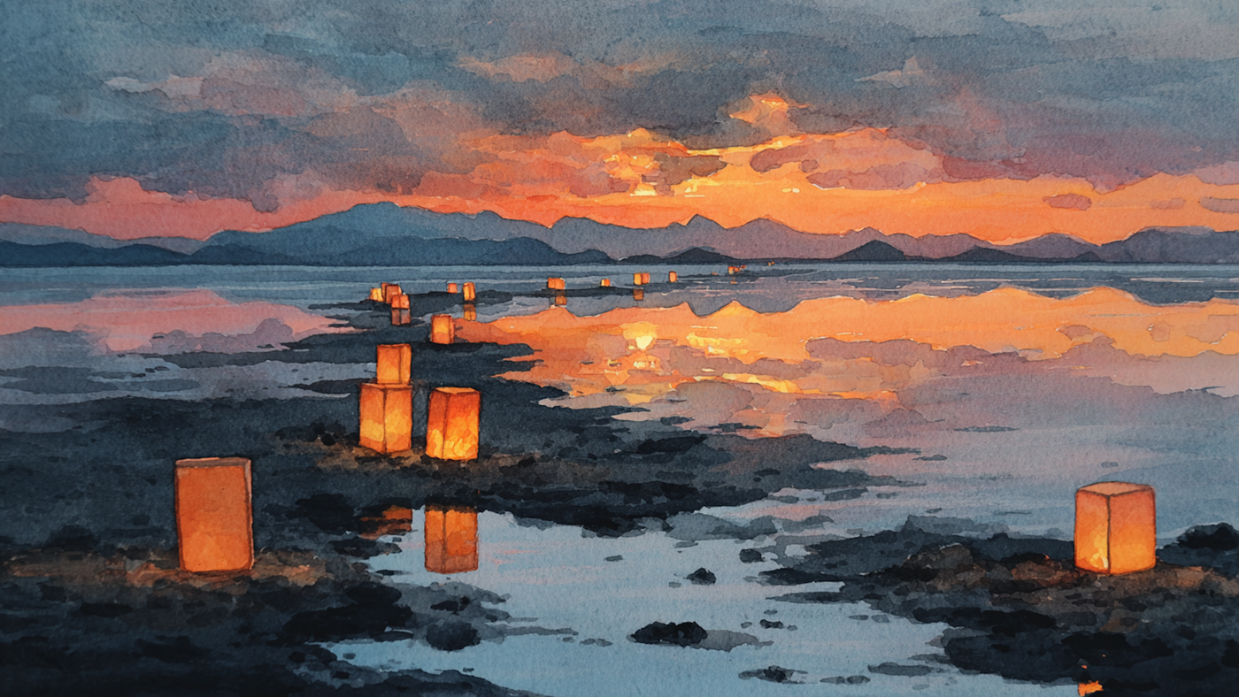 Twilight Guardians mystical seascape artwork displayed on Samsung Frame TV showing ancient ocean pillars silhouetted against dramatic sunset sky in amber tones