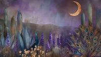 Mystical peacock in twilight lavender meadow with crescent moon and purple mountains – digital art for Samsung Frame TV