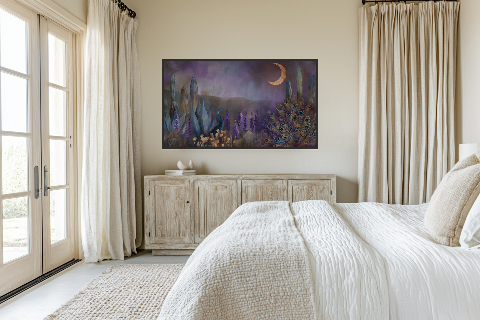 Mystical peacock in twilight lavender meadow with crescent moon and purple mountains – digital art for Samsung Frame TV