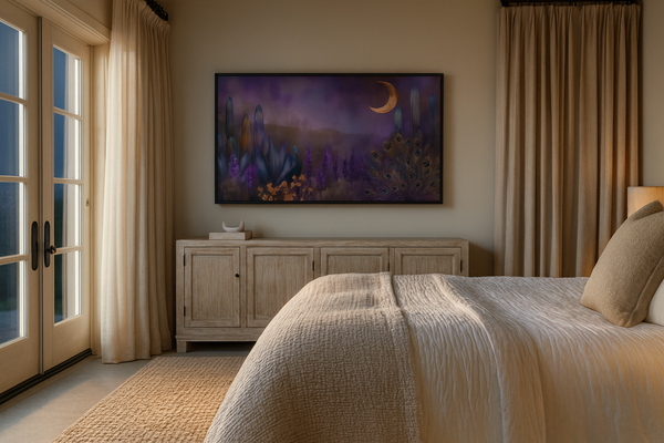 Mystical peacock in twilight lavender meadow with crescent moon and purple mountains – digital art for Samsung Frame TV