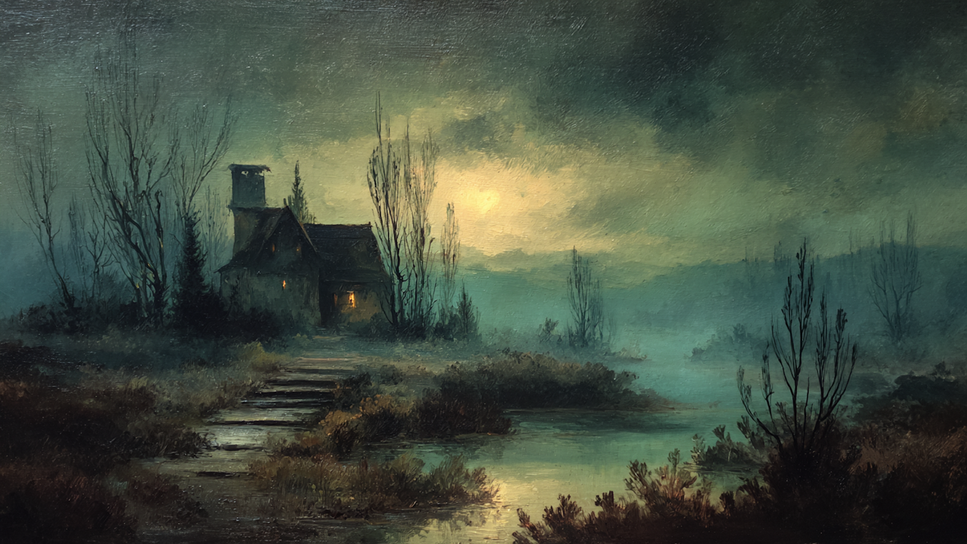 Twilight Ruins mystical landscape art displayed on Samsung Frame TV - 4K digital download featuring ancient ruins in sage and eucalyptus green tones with misty atmosphere