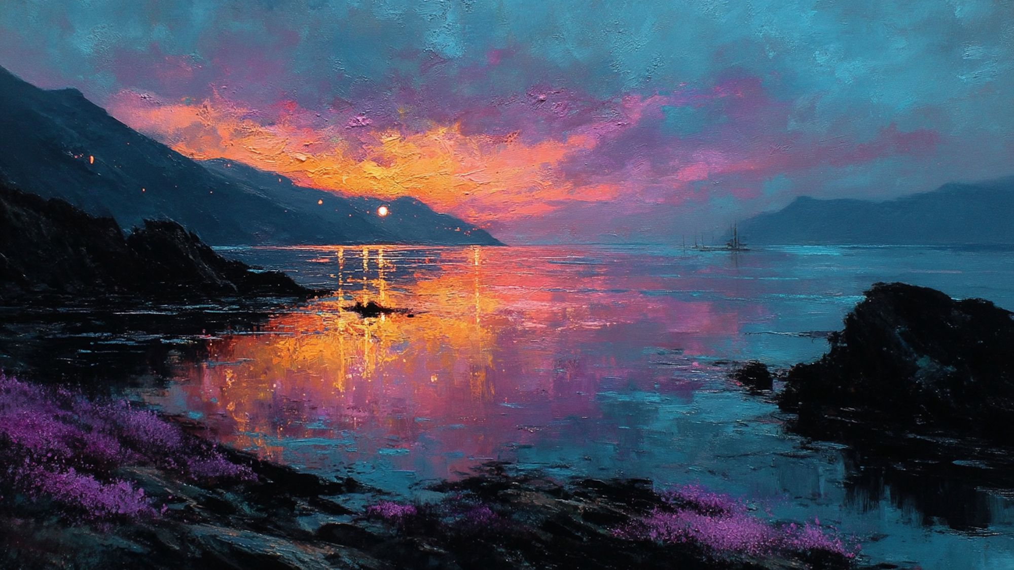 Dramatic coastal sunset with vibrant magenta and gold sky reflected in calm ocean waters, rocky shoreline in foreground