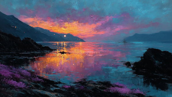 Dramatic coastal sunset with vibrant magenta and gold sky reflected in calm ocean waters, rocky shoreline in foreground