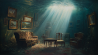 Surreal underwater Victorian parlor with sunbeams filtering through aquatic depths – digital art for Samsung Frame TV