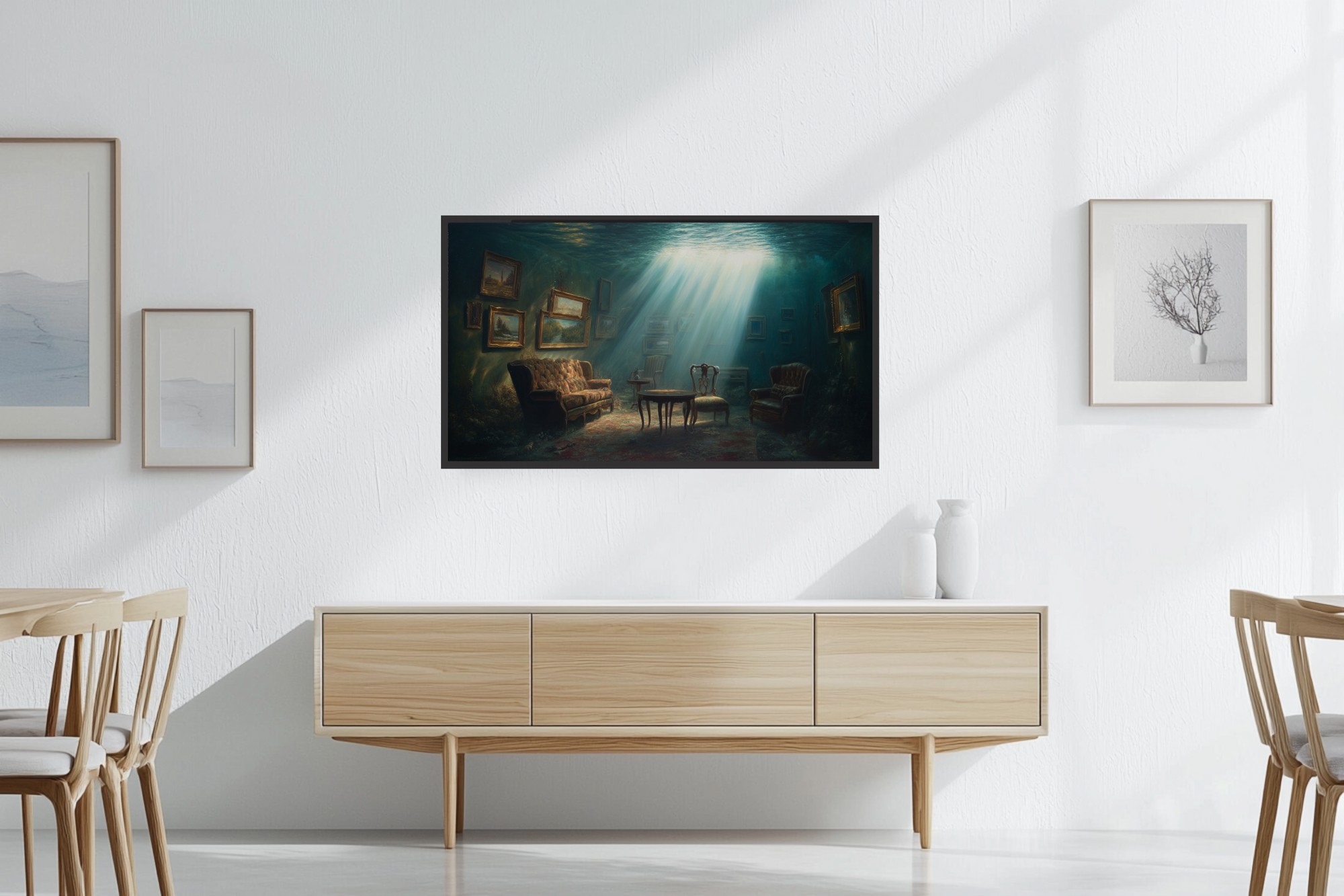 Surreal underwater Victorian parlor with sunbeams filtering through aquatic depths – digital art for Samsung Frame TV