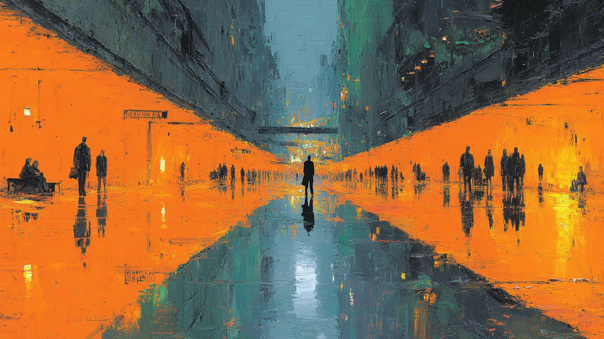 Upturned Commute Georg Baselitz inspired inverted subway platform displayed on Samsung Frame TV - 4K digital download featuring commuter masses in bold amber and terracotta orange palette