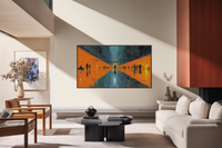 Upturned Commute Georg Baselitz inspired inverted subway platform displayed on Samsung Frame TV - 4K digital download featuring commuter masses in bold amber and terracotta orange palette
