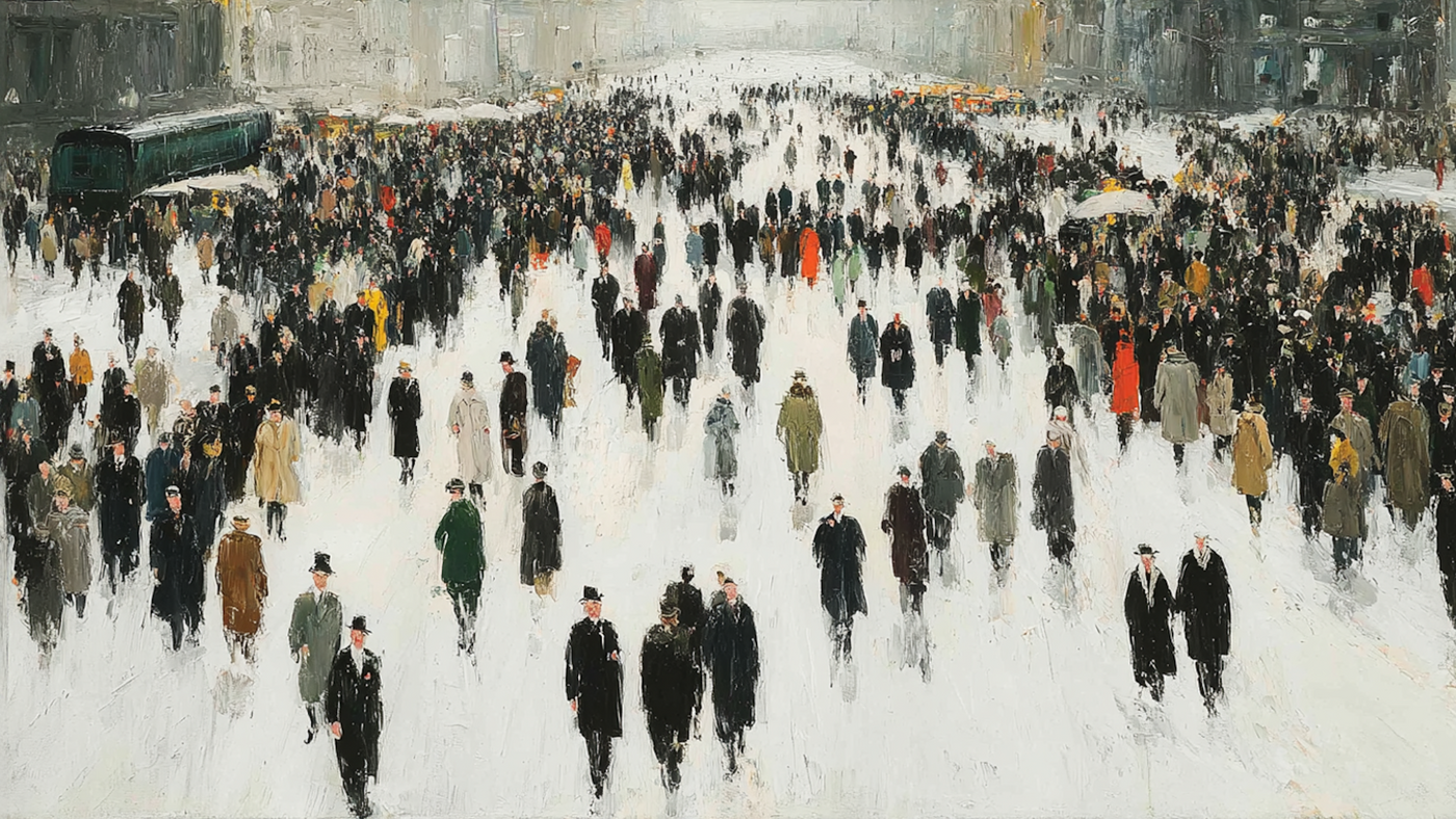 Upturned Masses Georg Baselitz inspired inverted city crowd scene displayed on Samsung Frame TV - 4K digital download featuring neo-expressionist urban figures in warm stone and linen palette