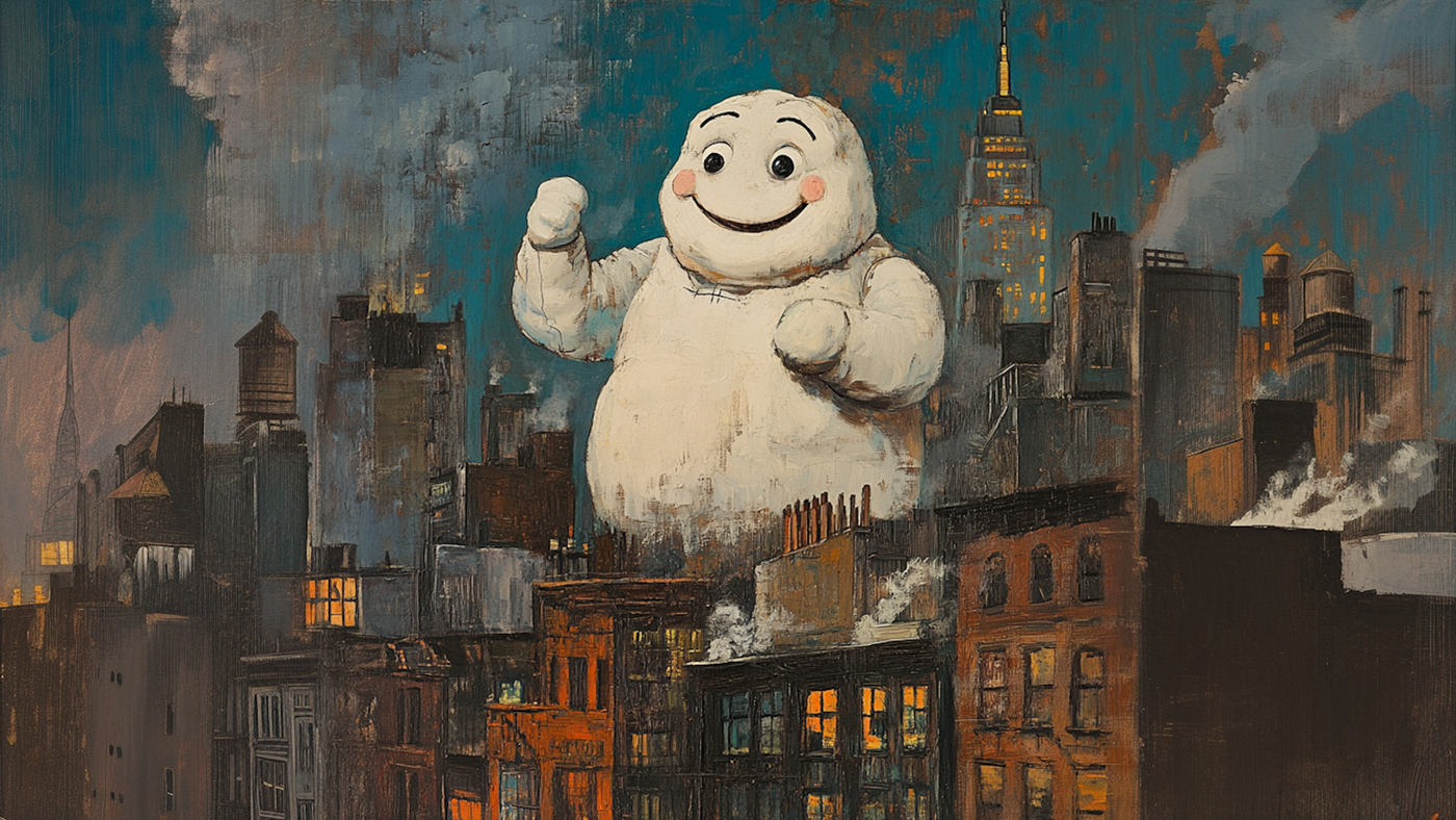 Whimsical oversized figure meeting gritty cityscape – painterly nostalgic 4K digital art for Samsung Frame TV