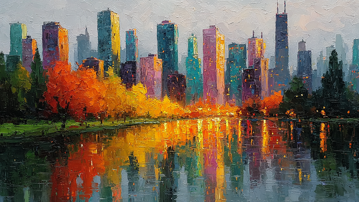 Urban Autumn Mirage cityscape displayed on Samsung Frame TV - 4K digital download featuring vibrant orange, electric blue, hot pink, and emerald green modern skyline reflected in water creating bold contemporary color celebration