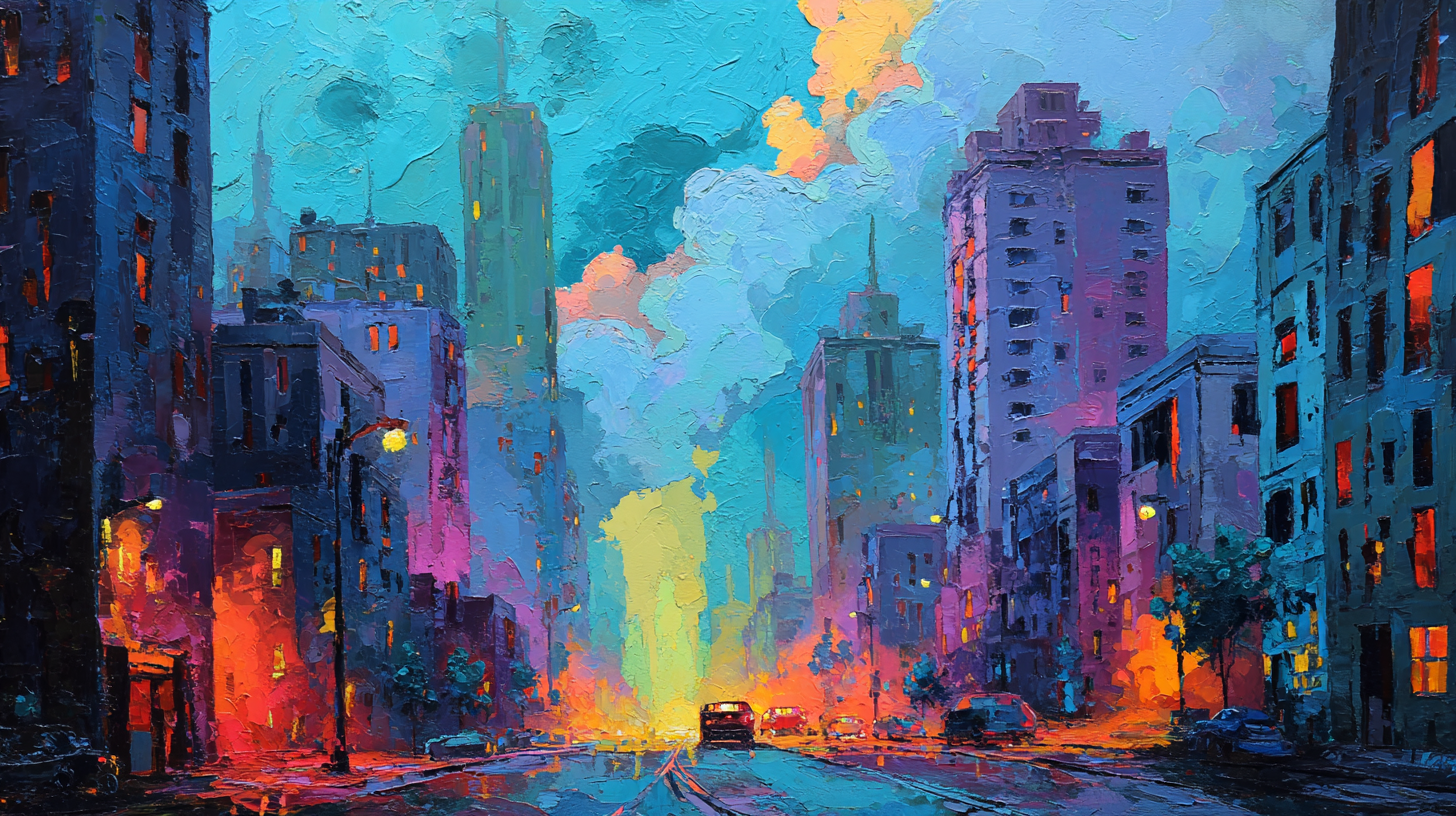 Urban Awakening cityscape artwork displayed on Samsung Frame TV showing morning city scene with blue and turquoise atmospheric lighting on urban architecture