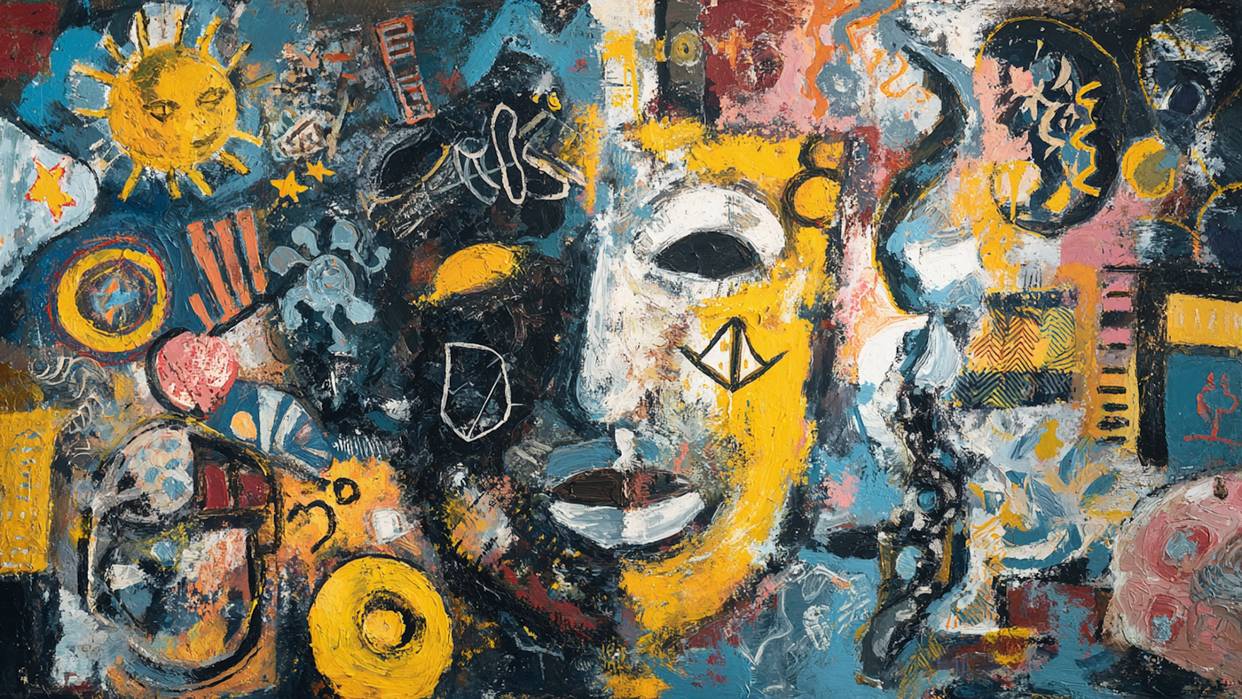 Urban Echoes abstract street art artwork displayed on Samsung Frame TV showing colorful graffiti-style composition with faces and geometric elements in yellow and blue tones