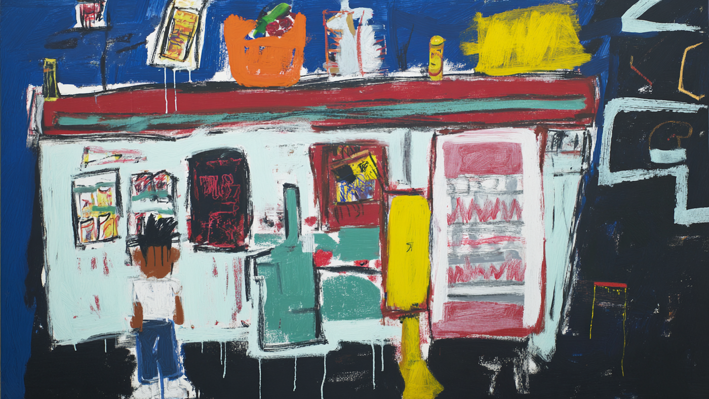 Urban Expressions neo-expressionist art displayed on Samsung Frame TV - 4K digital download featuring citrus and electric yellow and blue expressive brushstrokes with street art elements