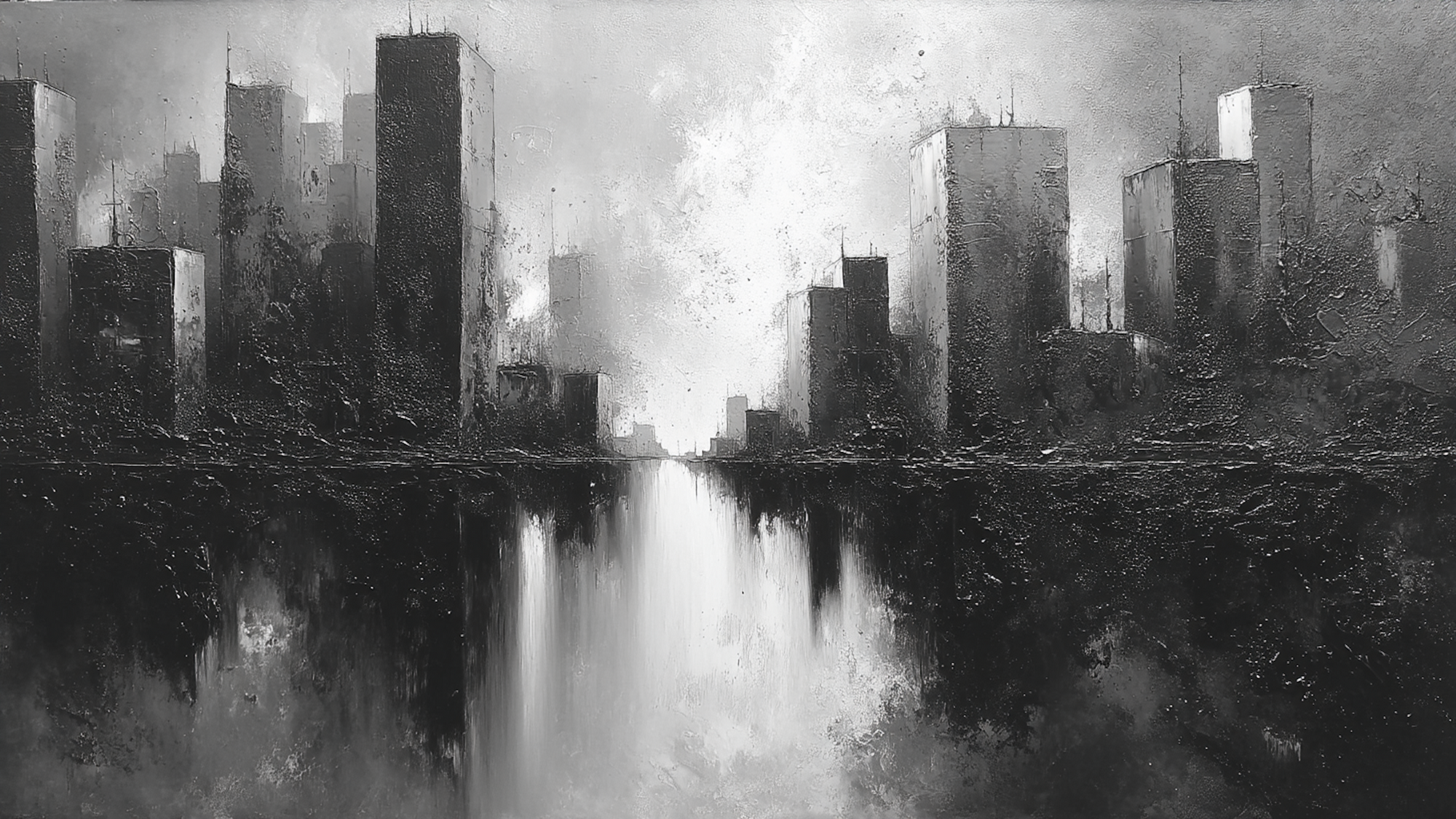 Minimalist cityscape silhouette with water reflection in black and white, optimized for Samsung Frame TV and HiSense CanvasTV modern display