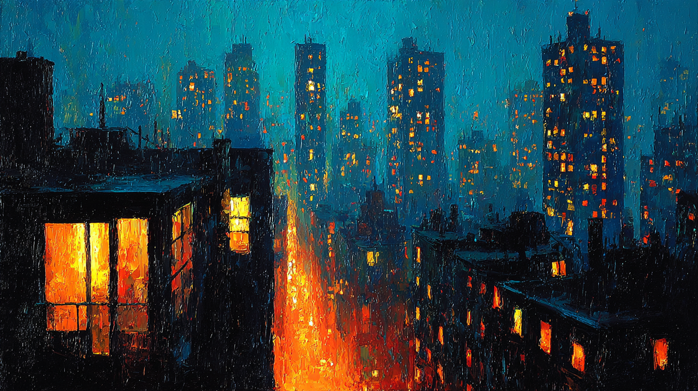 Dynamic city skyline with rain, electric orange building lights against blue storm sky with dramatic atmosphere – digital art for Samsung Frame TV