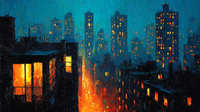 Dynamic city skyline with rain, electric orange building lights against blue storm sky with dramatic atmosphere – digital art for Samsung Frame TV