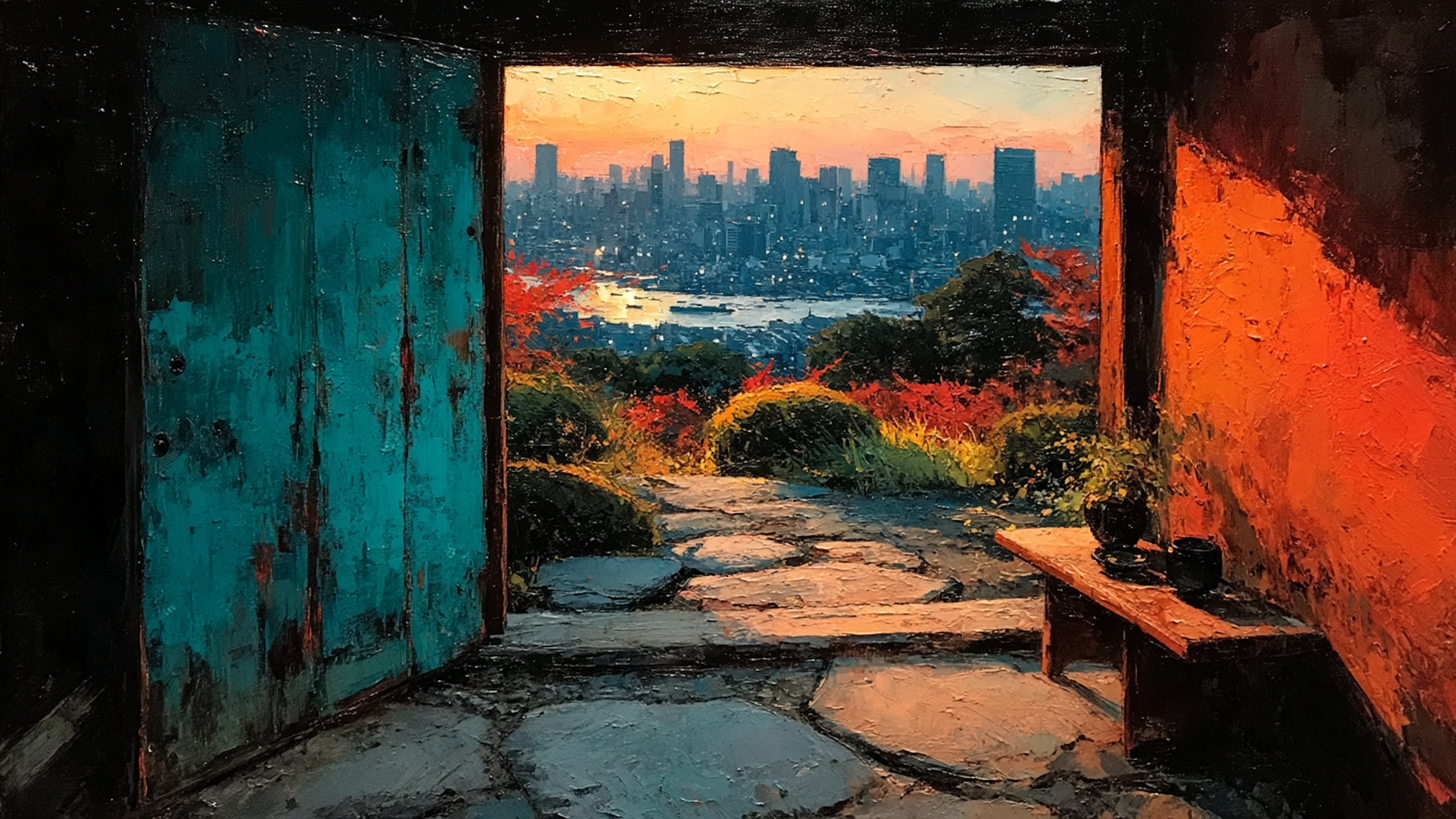 Striking turquoise door against weathered terracotta walls with modern city skyline visible through the opening, architectural contrast