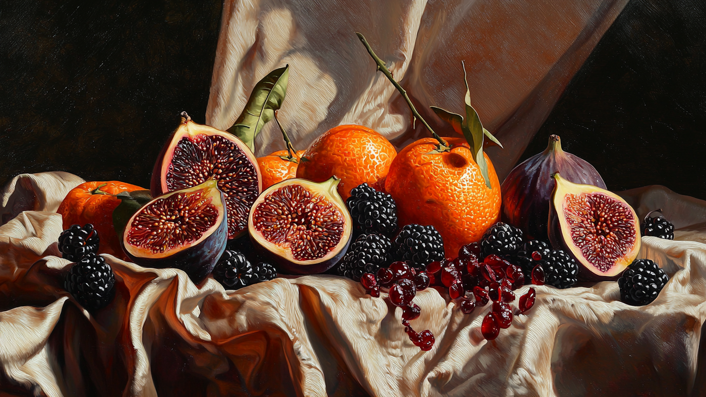 Velvet Harvest – Still life of figs, tangerines, blackberries, and silk drapery in rich painterly detail, formatted for Samsung Frame TV