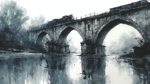 Viaduct in Mist displayed on Samsung Frame TV - 4K digital download featuring a foggy three-arch stone railway viaduct in ink wash