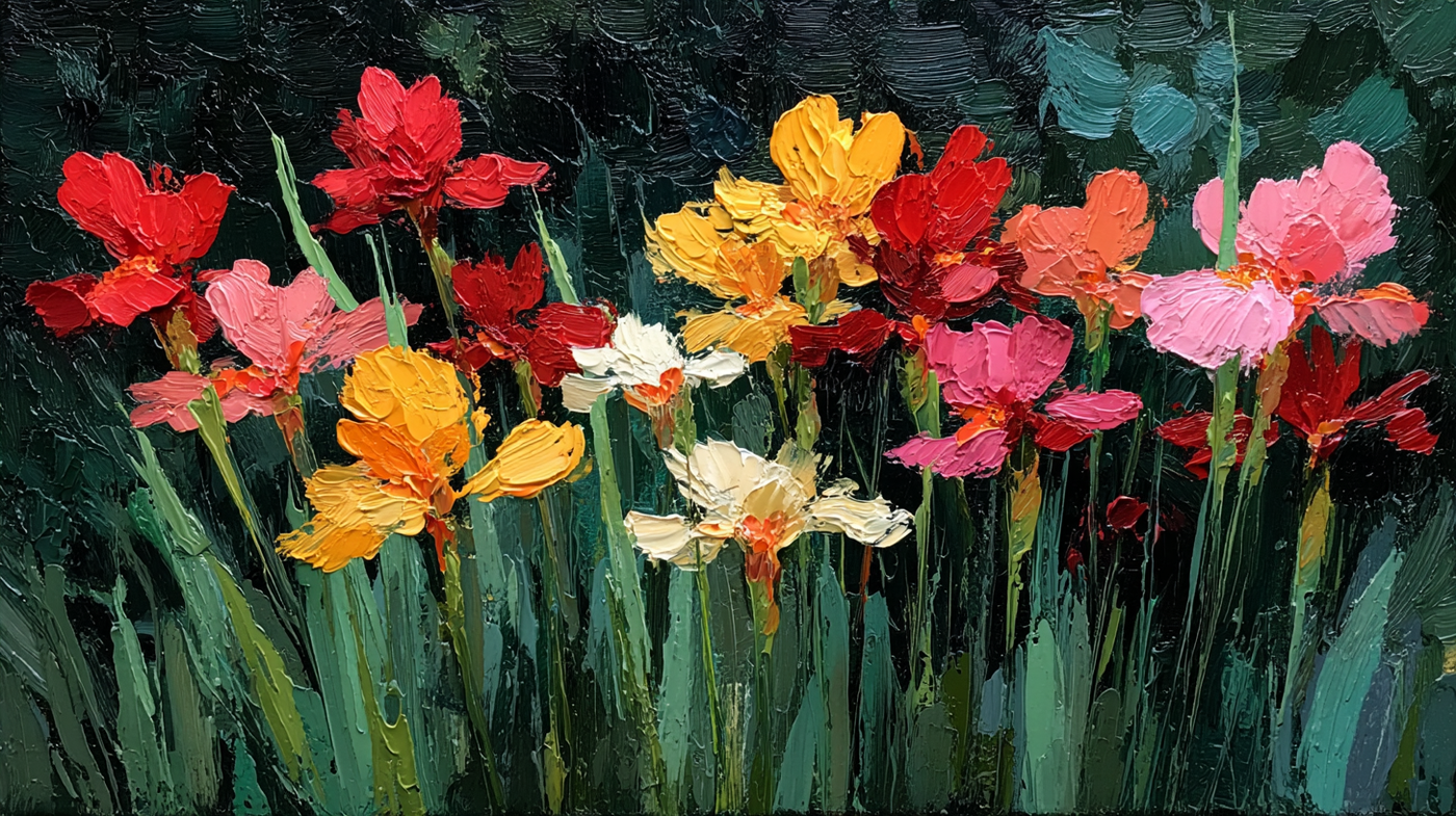 Bold impasto floral painting with red, pink, yellow and orange flowers in thick brushstrokes against dark teal background – digital art for Samsung Frame TV