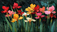 Bold impasto floral painting with red, pink, yellow and orange flowers in thick brushstrokes against dark teal background – digital art for Samsung Frame TV