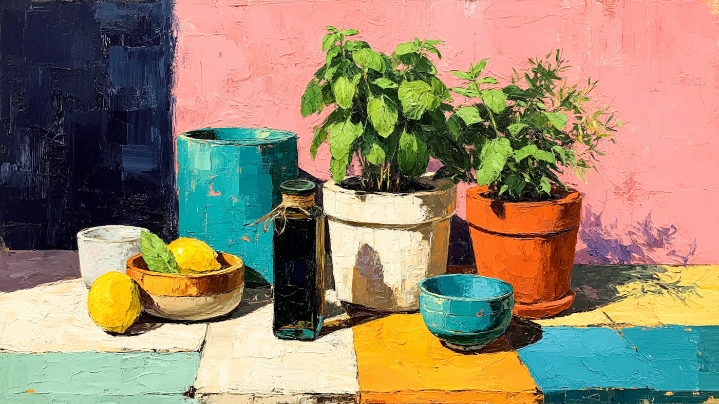 Bright contemporary still life featuring potted plants, herbs, and citrus fruits arranged against a vibrant pink wall with bold colors
