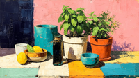 Bright contemporary still life featuring potted plants, herbs, and citrus fruits arranged against a vibrant pink wall with bold colors