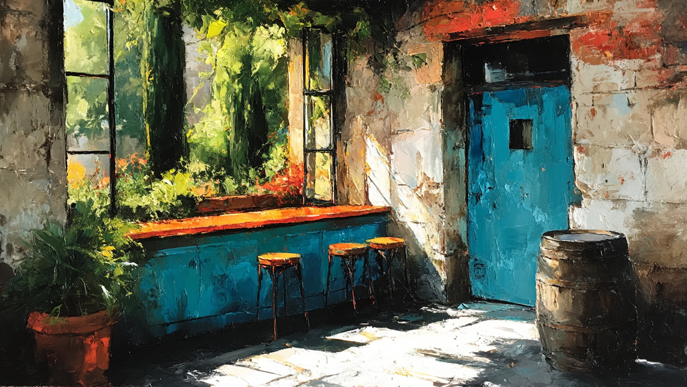 Charming European village scene with weathered stone buildings, green wooden shutters, terracotta pots, and authentic Mediterranean character