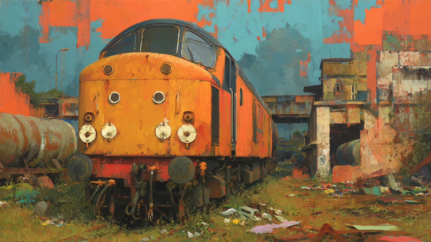 Vintage Locomotive Ochre Decay industrial scene on Samsung Frame TV - 4K digital download featuring rusted train in warm amber and terracotta patina