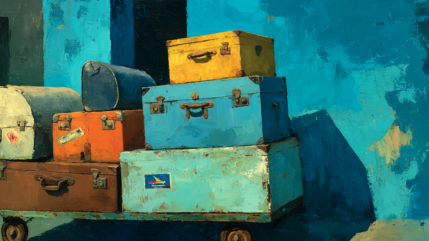 Vintage Luggage Blue Labels still life on Samsung Frame TV - 4K digital download featuring stacked antique suitcases with travel stickers in amber and teal