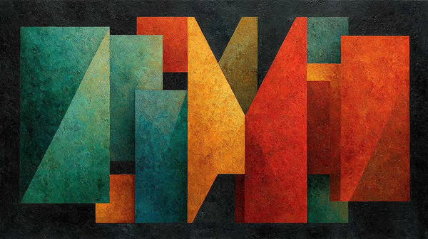 Mid-century vintage typography art with bold abstract letterforms in teal, orange, and cream with weathered textures – digital art for Samsung Frame TV