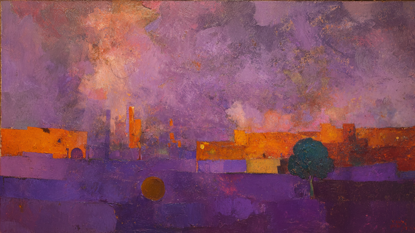 Atmospheric landscape with violet clouds and amber fields in contemplative twilight drama composition – digital art for Samsung Frame TV