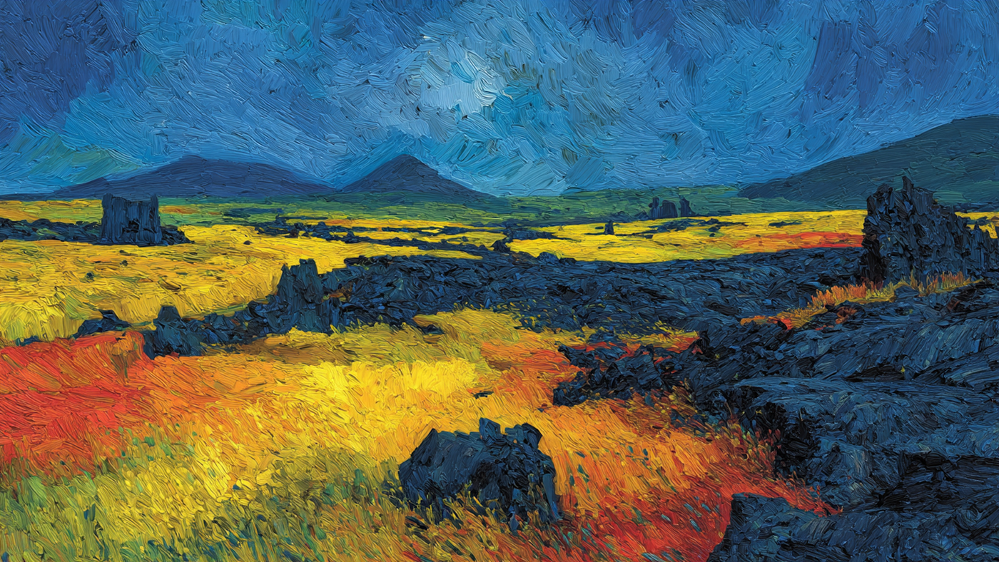 Volcanic Bloom – Free 4K abstract landscape with textured lava rocks and glowing yellow fields beneath a stormy sky, designed for Samsung Frame TV