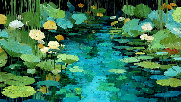 Emerald Drift impressionist water lily pond displayed on Samsung Frame TV - 4K digital download featuring lotus blossoms in soft sage and eucalyptus green palette